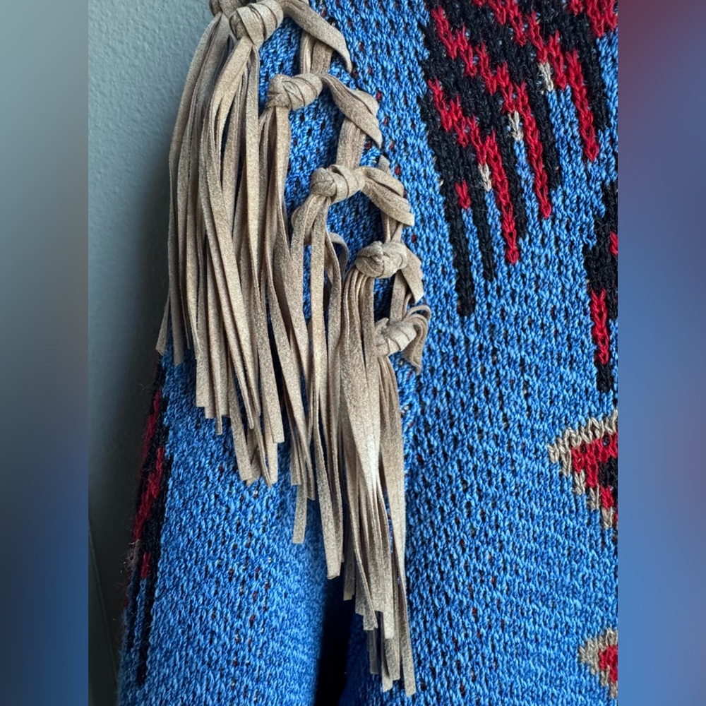 Made in USA Bohemian Cardigan with Thunderbird Design & Fringe, Blue, sz Lrg. - Picture 7 of 8